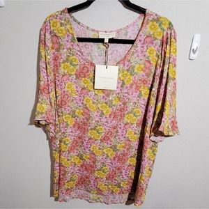 Cynthia Rowley Pink Yellow Floral bell sleeve‎ tunic length shirt plus 2X z new!